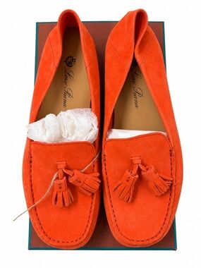 Loro Piana "Dot Sole Walk" Suede Tassel Moccasin Loafers in Coral Beach (EU 39.5